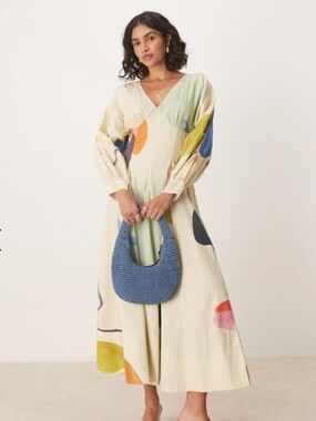 ASOS DESIGN Long Sleeve V Neck Poplin Maxi Dress With Print